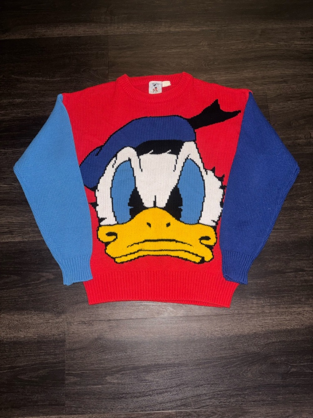 Vintage 1980s Mickey & Co Knit Donald Duck Face Pullover Sweater Medium Red Blue